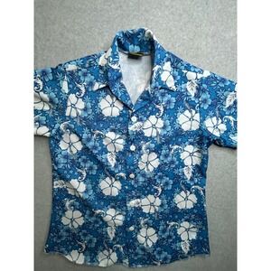 Underwraps Mens Blue White Tropical Hibiscus Floral Short Sleeve Button Up Shirt